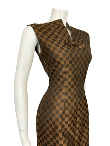 VTG 60S BROWN CHECKERBOARD METALLIC WIGGLE MIDI DRESS WITH BOW 10