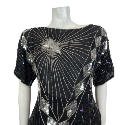 VTG 70s BLACK SILVER SEQUIN BEADED ART DECO SCALES GEOMETRIC DISCO TOP 16 18