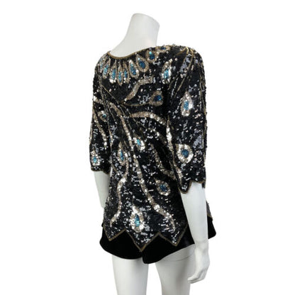 VTG 70s 80s BLACK SILVER BLUE PEACOCK FEATHER SEQUIN DISCO STUDIO 54 TOP 12 14