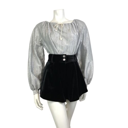 VINTAGE 60s 70s METALLIC SILVER STRIPED DISCO PARTY PEASANT BLOUSE 12 14