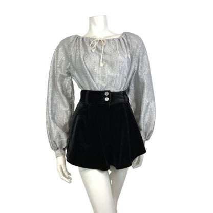 VINTAGE 60s 70s METALLIC SILVER STRIPED DISCO PARTY PEASANT BLOUSE 12 14