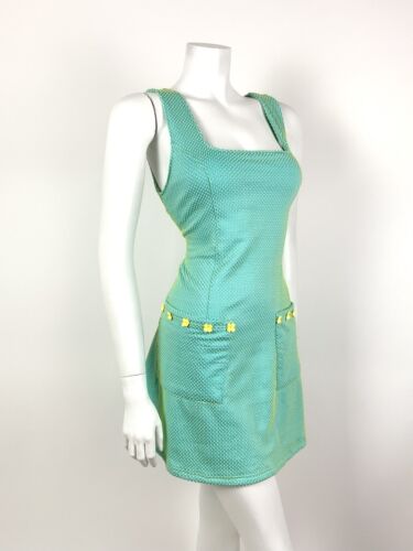 VTG 60s STYLE 90s BLUE YELLOW TWO-TONE SWISS DOT DAISY MOD PINAFORE DRESS 10 12