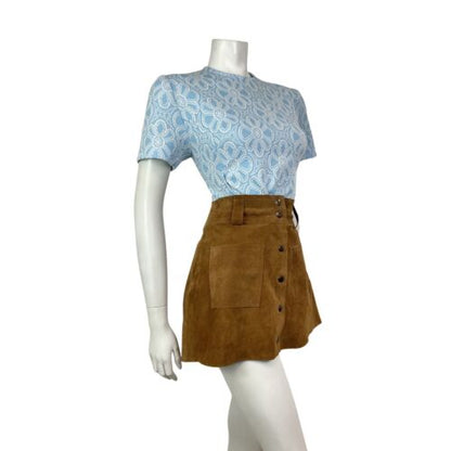 VINTAGE 60s 70s BABY BLUE WHITE DAISY FLORAL MOD KNIT SHORT-SLEEVE TOP 12 14