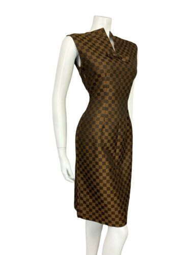 VTG 60S BROWN CHECKERBOARD METALLIC WIGGLE MIDI DRESS WITH BOW 10