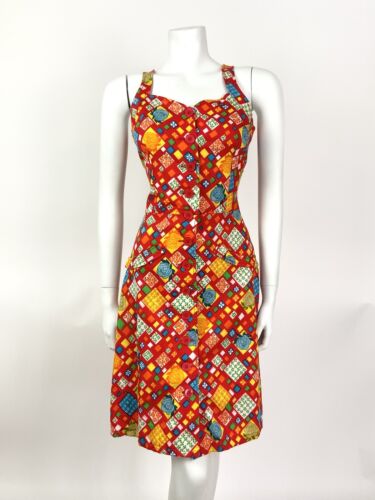 VINTAGE 60s 70s RED BLUE YELLOW PATCHWORK FLORAL GEOMETRIC STRAPPY SUNDRESS 8