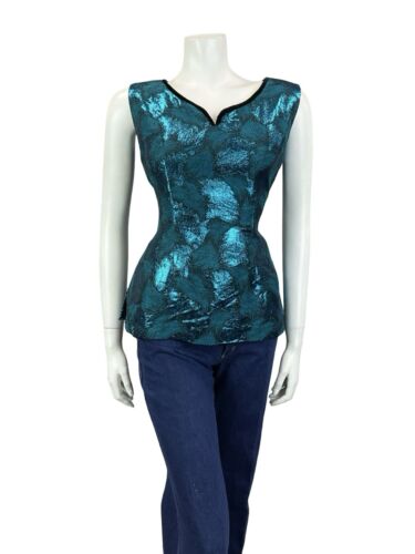 VTG 60S SHIMMERY BLUE ABSTRACT BLACK VELVET TRIM SWEETHEART NECK PARTY TOP 10