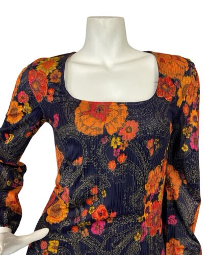VTG 70S NAVY BLUE ORANGE FLORAL GOLD PAISLEY SQUARE NECK MAXI HIPPY DRESS 8
