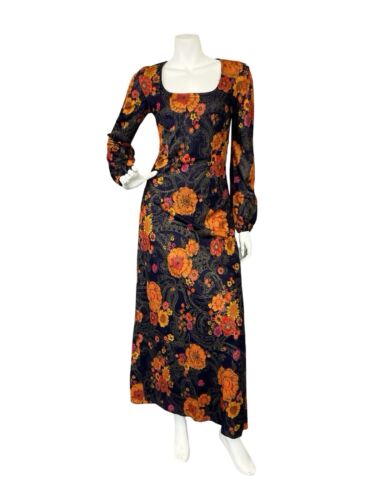 VTG 70S NAVY BLUE ORANGE FLORAL GOLD PAISLEY SQUARE NECK MAXI HIPPY DRESS 8