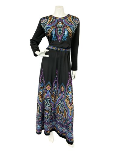 VTG 70S BLACK BLUE PURPLE BELTED PSYCHDELIC HIPPY MANDALA MAXI DRESS 16 18 L