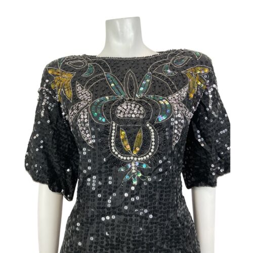 VTG 70s 80s BLACK GREEN GOLD FLORAL DISCO PARTY GLAM STUDIO 54 SEQUIN TOP 16 18