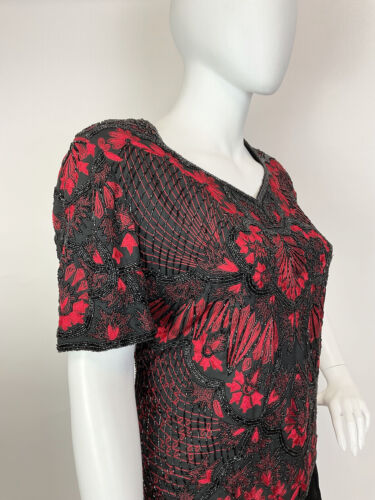 VTG 70s 80s BLACK RED FLORAL EMBROIDERED BEADED SEQUIN PARTY BLOUSE TOP 24 26