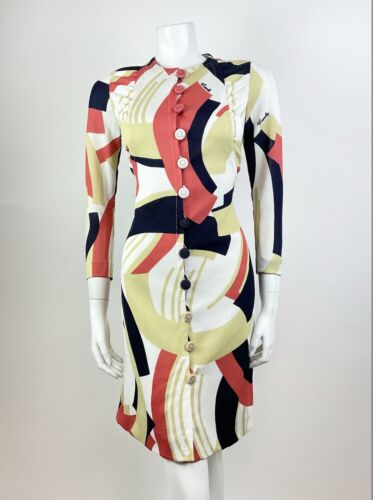 VINTAGE 70s WHITE BLUE RED CREAM GEOMETRIC ABSTRACT MOD FITTED DRESS 10 12