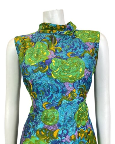 VINTAGE 60s 70s BLUE GREEN YELLOW FLORAL ROSE PSYCHEDELIC SLEEVELESS DRESS 14 16