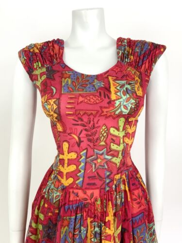 VTG 70s 80s RED BLUE YELLOW ETHNIC GEOMETRIC STAR FISH SLEEVELESS SUMMER DRESS 8