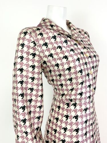 VTG 60s 70s WHITE PINK BLACK HOUNDSTOOTH MOD PLEATED DAGGER SHIRT DRESS 10 12