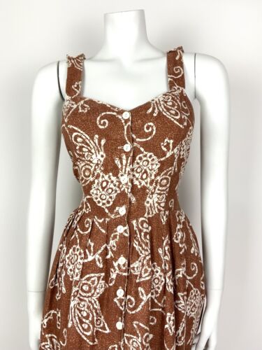 VTG 70s 80s BROWN WHITE FLORAL BATIK STRAPPY CROSS BACK SUMMER SUNDRESS 10