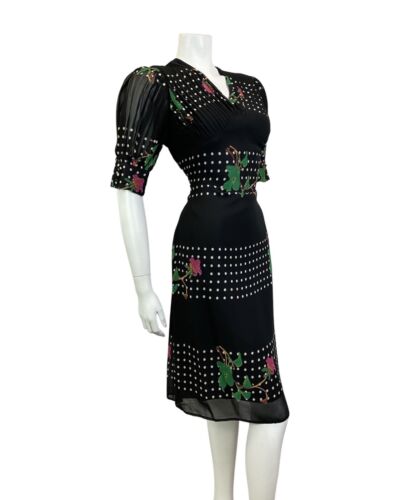 VINTAGE 60s 70s BLACK WHITE PINK FLORAL POLKA-DOT SHEER SUMMER DRESS 12