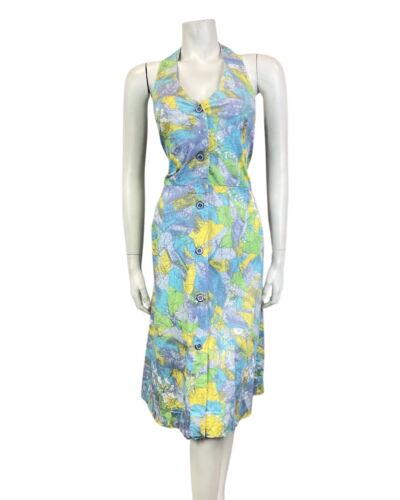 VINTAGE 60s 70s BLUE GREEN YELLOW PSYCHEDELIC HALTER SWING DRESS 12 14