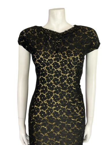 VTG 60S BLACK LACE GOLD V BOAT NECK SHORT SLEEVE PARTY SHIFT LBD  MINI DRESS 8