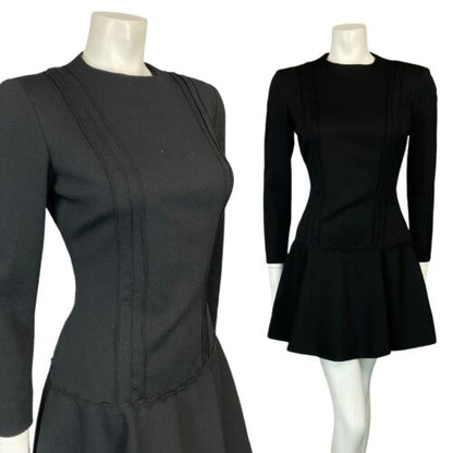 VTG 60S MOD GOGO BLACK EVENING LONG SLEEVE DROP WAIST LITTLE BLACK DRESS S 8 10