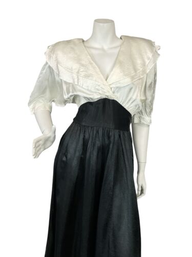 VTG 70S CHOON WHITE BLACK BATWING BERTHA COLLAR TIE WAIST EVENING PARTY DRESS 4