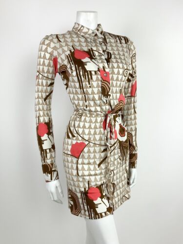 VTG 60s 70s WHITE BROWN RED PINK GEOMETRIC PSYCHDELIC ABSTRACT SHIRT DRESS 8 10