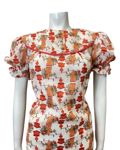 VTG 60s 70s WHITE RED ORANGE FLORAL COFFEE GRINDER PUFF SLEEVE MOD DRESS 12 14