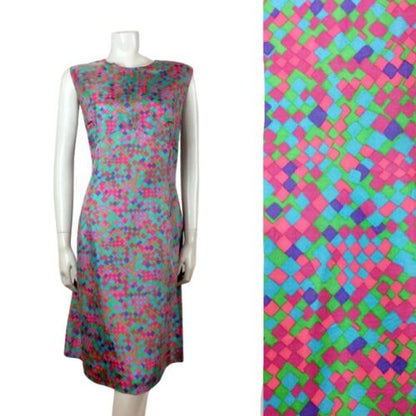 AMAZING 60S VINTAGE PSYCHEDELIC SQUARE PINK BLUE GREEN PURPLE MIDI DRESS 12 14