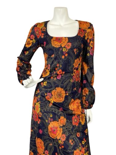 VTG 70S NAVY BLUE ORANGE FLORAL GOLD PAISLEY SQUARE NECK MAXI HIPPY DRESS 8