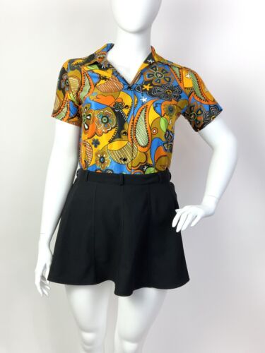 VTG 60s 70s YELLOW BLUE ORANGE PSYCHEDELIC FLORAL PAISLEY DAGGER SHIRT BLOUSE 16