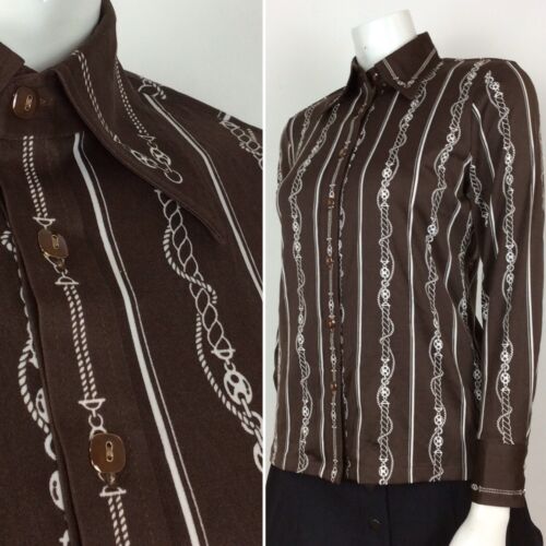 70s VTG BROWN DAGGER COLLAR ROPE CHAIN PRINT SHIRT BLOUSE 10 12