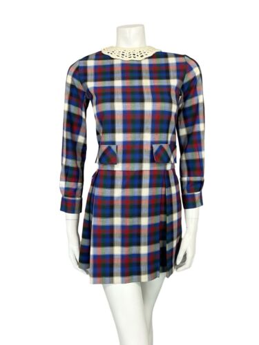 VTG 60S MOD RED BLUE WHITE GREEN TARTAN PLEATED CROTCHED COLLAR SMOCK DRESS 8