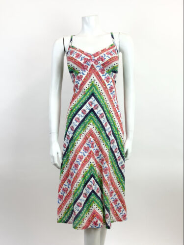 VTG 60s 70s WHITE GREEN RED BLUE FLORAL STRIPED DOTTY STRAPPY FOLK SUNDRESS 12