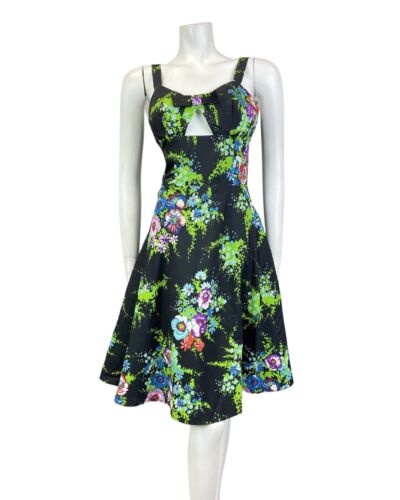 VINTAGE 60s 70s BLACK GREEN BLUE FLORAL BOUQUET CUT-OUT SUMMER SUN-DRESS 12