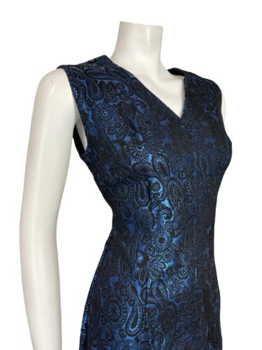 VTG 60S NAVY BLUE BLACK PAISLEY BROCADE N NECK SLEEVELESS PARTY MIDI DRESS 12