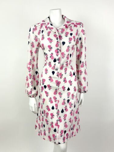 VTG 60s 70s WHITE PINK BLUE FRUITY PEAR DAGGER COLLAR SHIRT DRESS 14