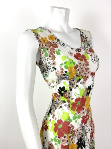 VTG 60s 70s WHITE GREEN RED BLACK FLORAL PSYCHEDELIC CREPE SUN DRESS 10 12