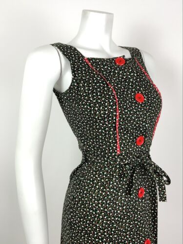 VTG 70s BLACK RED WHITE FLORAL DITSY FOLK PRAIRIE BOHO APRON PINAFORE DRESS 8