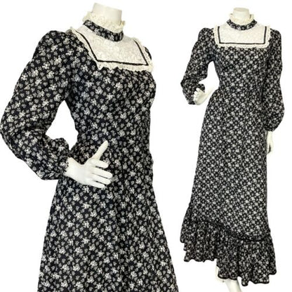 VTG 70S BLACK WHITE LACE DAINTY FLORAL EDWARDIAN PRAIRIE COTTAGE DRESS S 8 10