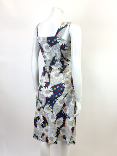 VTG 60s 70s WHITE BLUE RED FLORAL DAISY GRID CHECKED PINAFORE APRON SUNDRESS 10