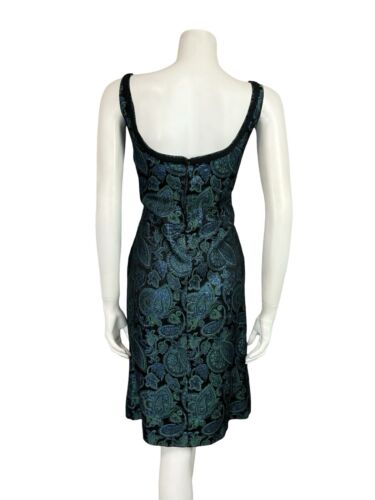 VTG 60S BLACK BLUE GREEN METALLIC PAISLEY FLORAL EMPIRE STRAPPY PARTY DRESS 8 10