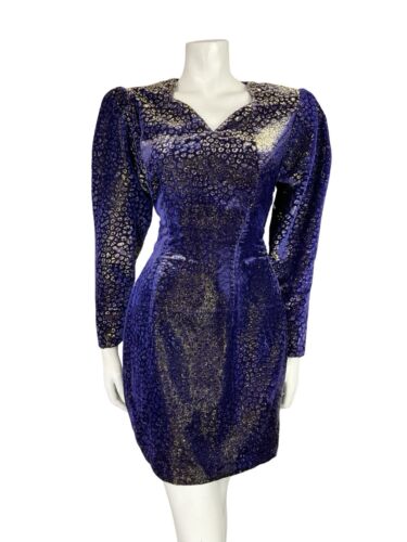 VTG 70S BLUE PURPLE GOLD LUREX VELVET MUTTON SLEEVE SWEETHEART PARTY DRESS 6