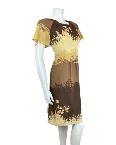 VINTAGE 70s 90s BROWN CREAM ORANGE AUTUMN LEAFY FLORAL FITTED DRESS 8