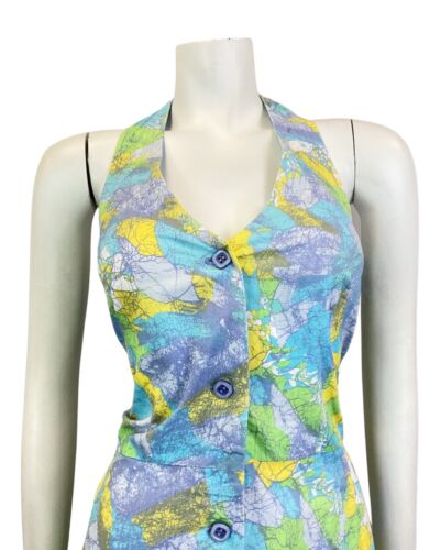 VINTAGE 60s 70s BLUE GREEN YELLOW PSYCHEDELIC HALTER SWING DRESS 12 14