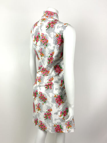 VTG 60s 70s WHITE PINK ORANGE GREEN EMBROIDERED FLORAL DAGGER SHIRT DRESS 12 14