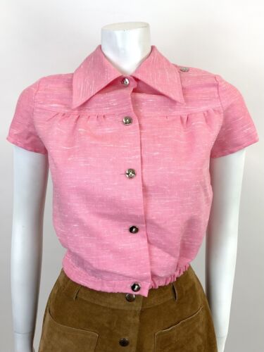 VINTAGE 60s 70s BABY PINK WHITE MOD DAGGER COLLAR CROPPED SHIRT TOP 8 10