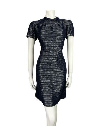 VTG 60S NAVY BLUE STEEL GREY SHINY DIAMOND GEOMETRIC MOD PARTY MINI DRESS 12