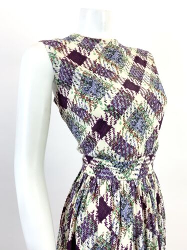 VTG 60s 70s WHITE PURPLE GREEN ORANGE CHECKED PLAID BLOUSON SLEEVELESS DRESS 10