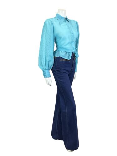 VTG 70S BRIGHT BLUE DAGGER COLLAR BISHOP SLEEVE ELASTICATED WAIST SHIRT S 8 10