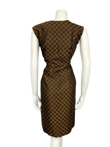 VTG 60S BROWN CHECKERBOARD METALLIC WIGGLE MIDI DRESS WITH BOW 10